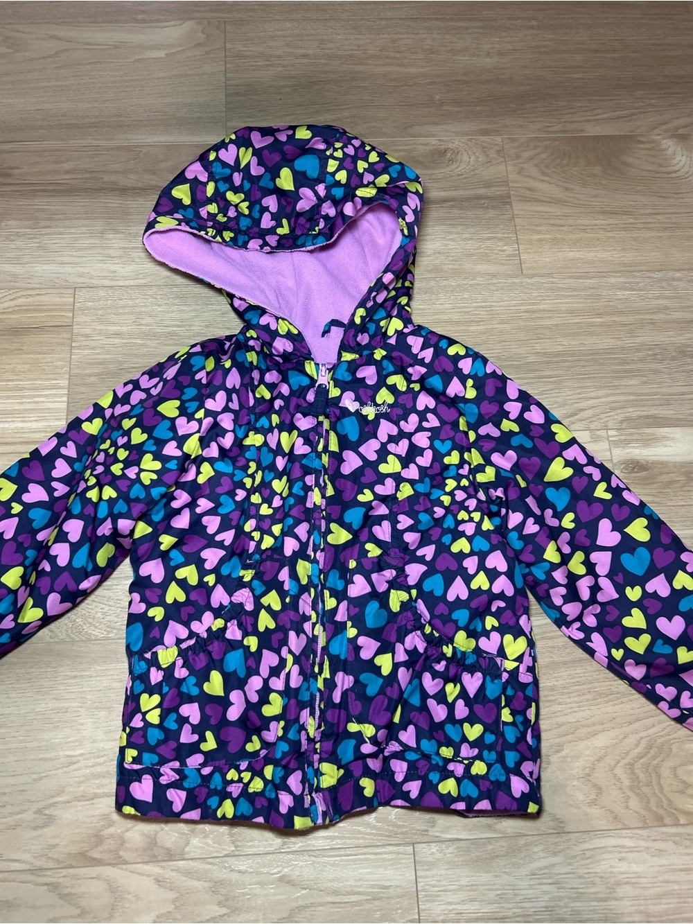 OshKosh B'gosh Navy Hooded Puffer Jacket with Multicolor Hearts